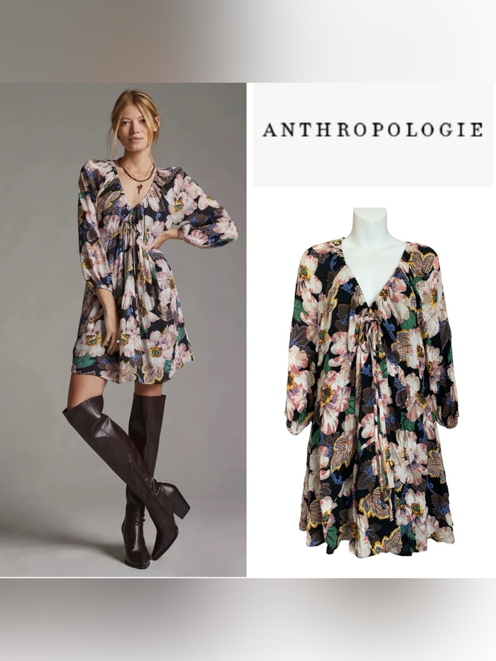Anthropologie V Neck Babydoll Black Floral Swing Boho Mini Dress